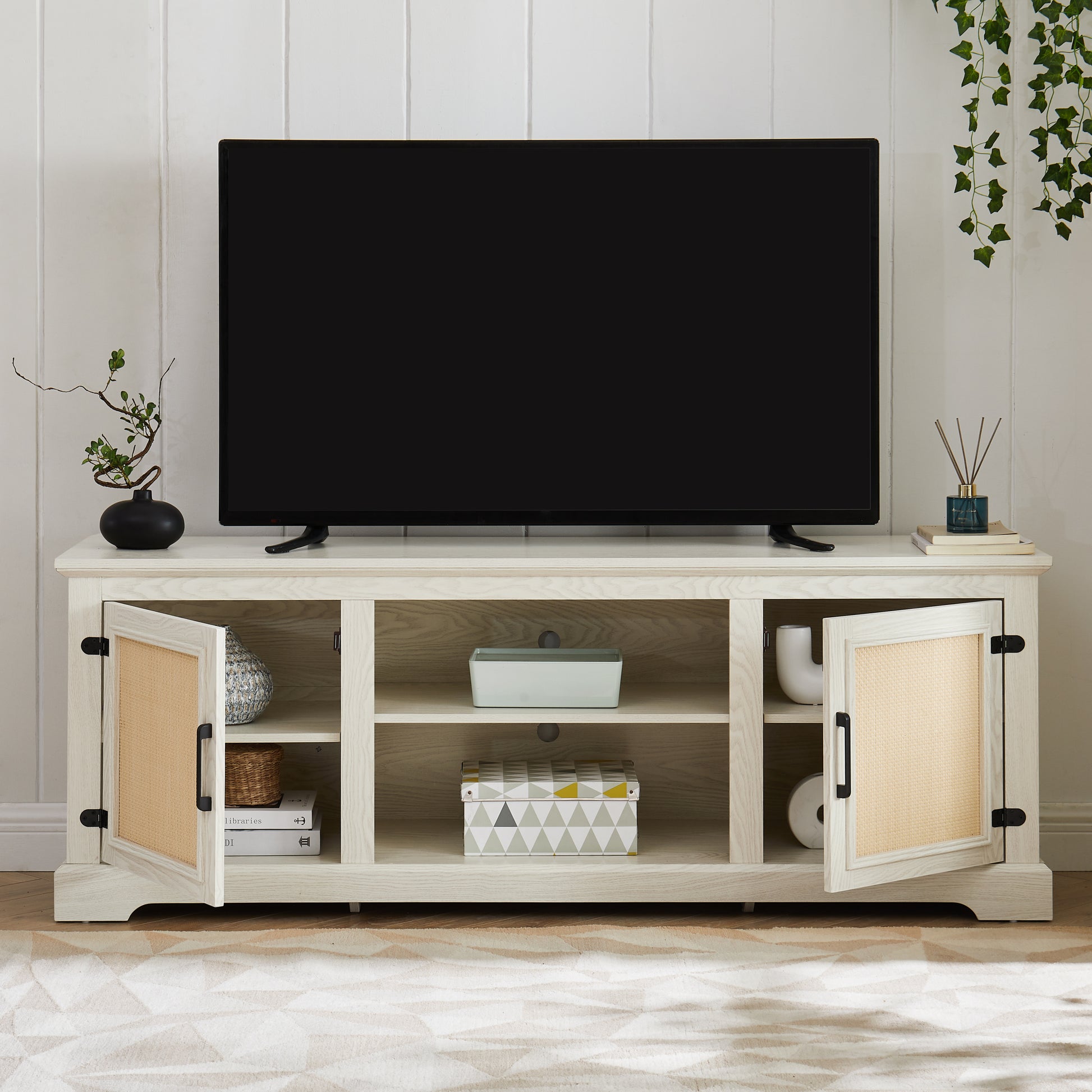 Farmhouse Rattan Tv Stand Console Table For Tvs Up To 70 Inches, Tv Console Table With 2 Storage Shelves, 2 Natural Rattan Door Cabinets,65"W*15.55"D*23.86"H, White Antique White 70 79 Inches Mdf