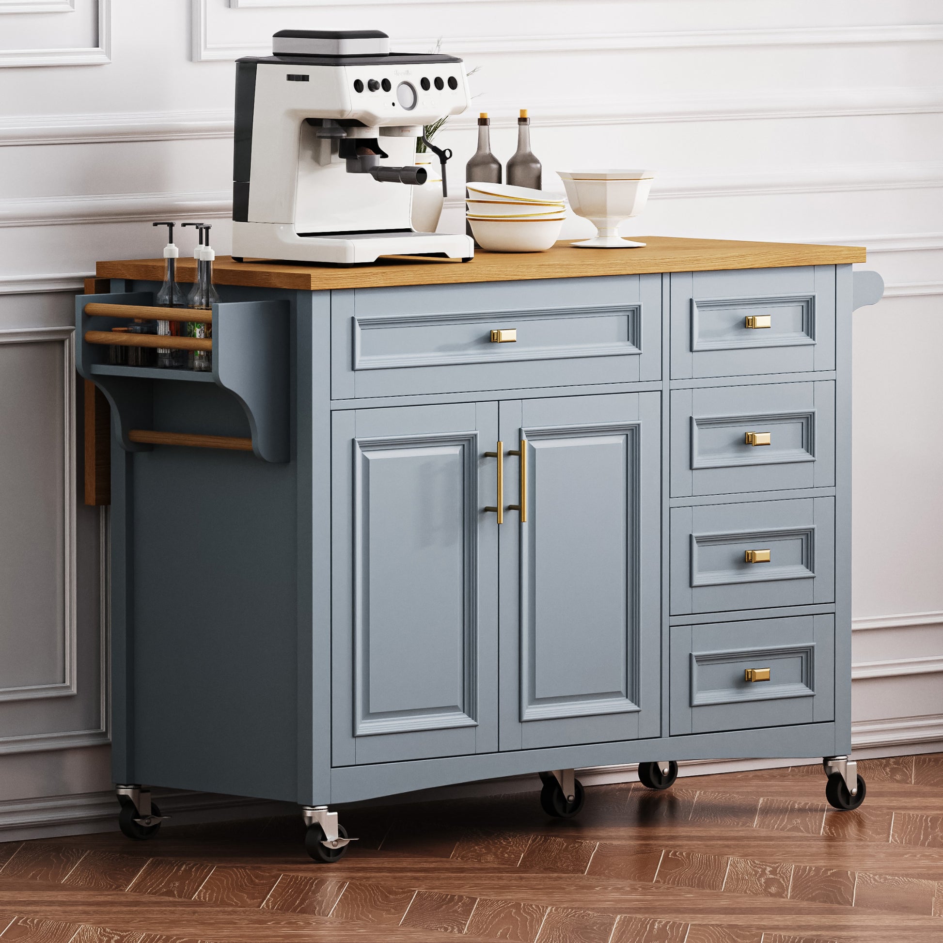 K&K 52'' Kitchen Island With Drop Leaf, Embossed Texture Kitchen Island On Wheels With Spice Rack, Towel Rack, 2 Doors And 5 Drawers, Kitchen Storage Cart With Adjustable Shelf For Kitchen, Blue