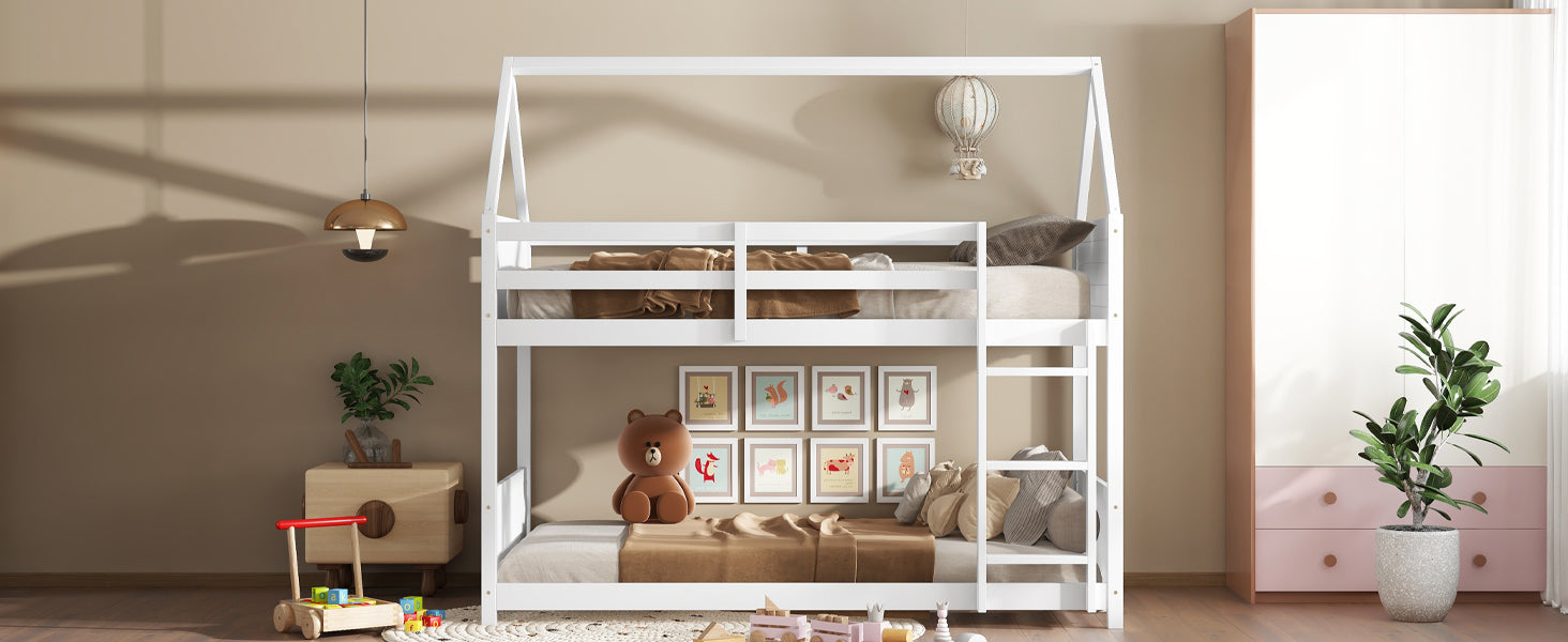 Twin Over Twin House Floor Bunk Bed With Headboards, Footboards And Guardrails, Ladder, Rubber Wood Bunk Bed With Safety Guardrails,White Twin White Rubber Wood