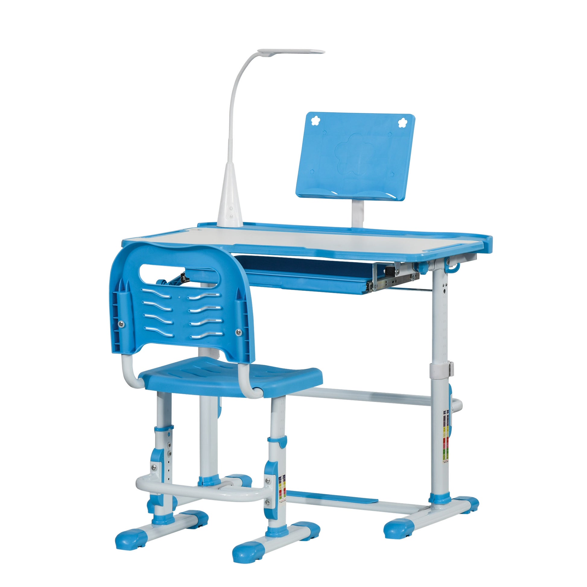 Qaba Kids Desk And Chair Set, Height Adjustable School Study Table And Chair, Student Writing Desk With Tilt Desktop, Led Light, Pen Box, Drawer, Reading Board, Cup Holder, And Pen Slots, Blue Blue Plastic