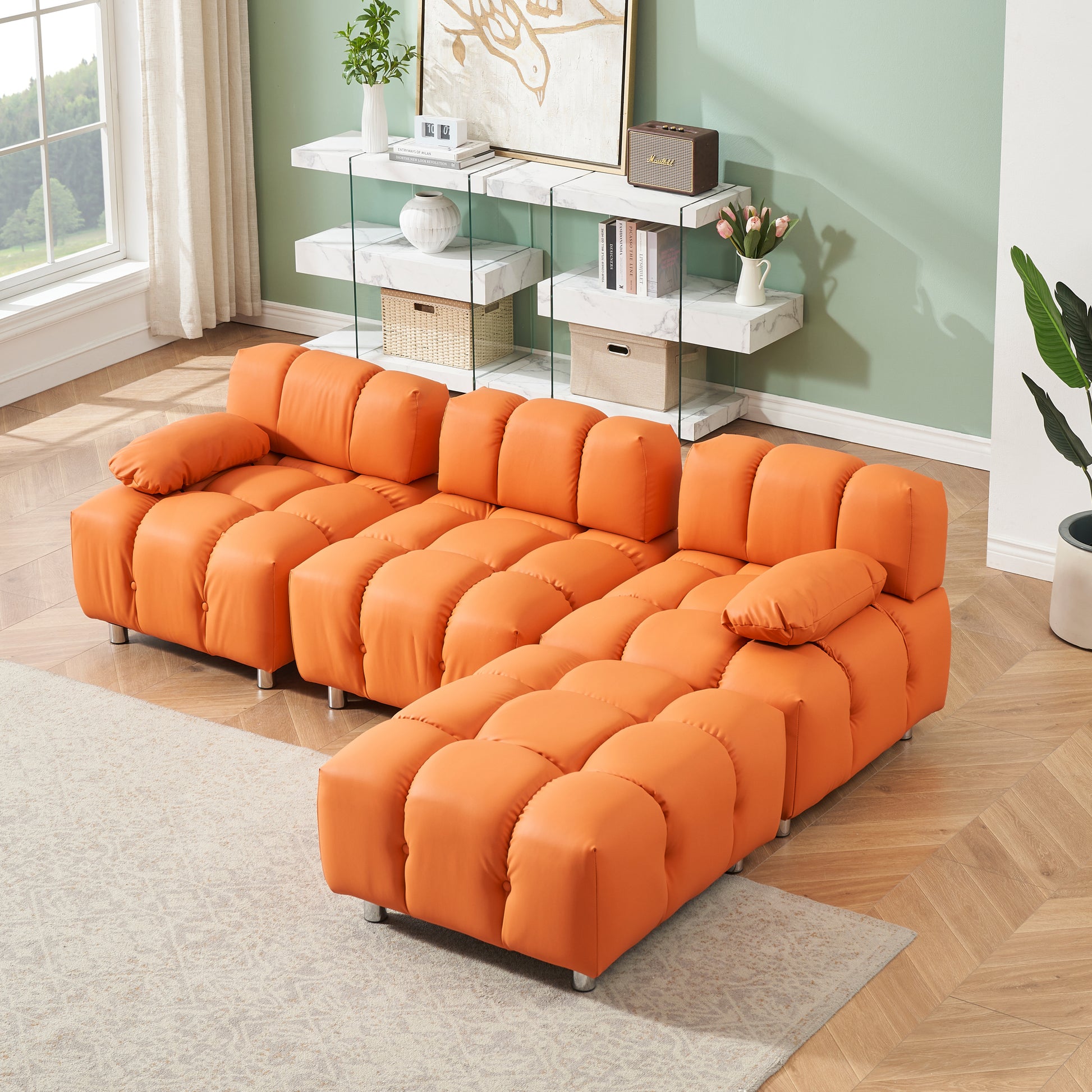 A 90.60 Inch Technology Cloth Orange Sofa, Waterproof, Stain And Cat Scratch Resistant, Can Comfortably Sit In The Apartment Bedroom Without Taking Up Space. Orange Polyester Blend 4 Seat