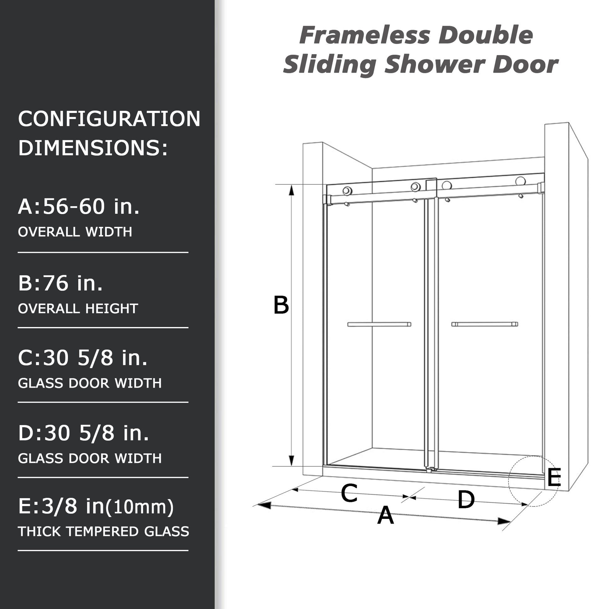 56" 60"W X 76"H Frameless Double Sliding Shower Door, 3 8" 10Mm Clear Tempered Glass, Glass Door For Bathroom, Chrome Finish Chrome Bathroom American Design Glass Metal