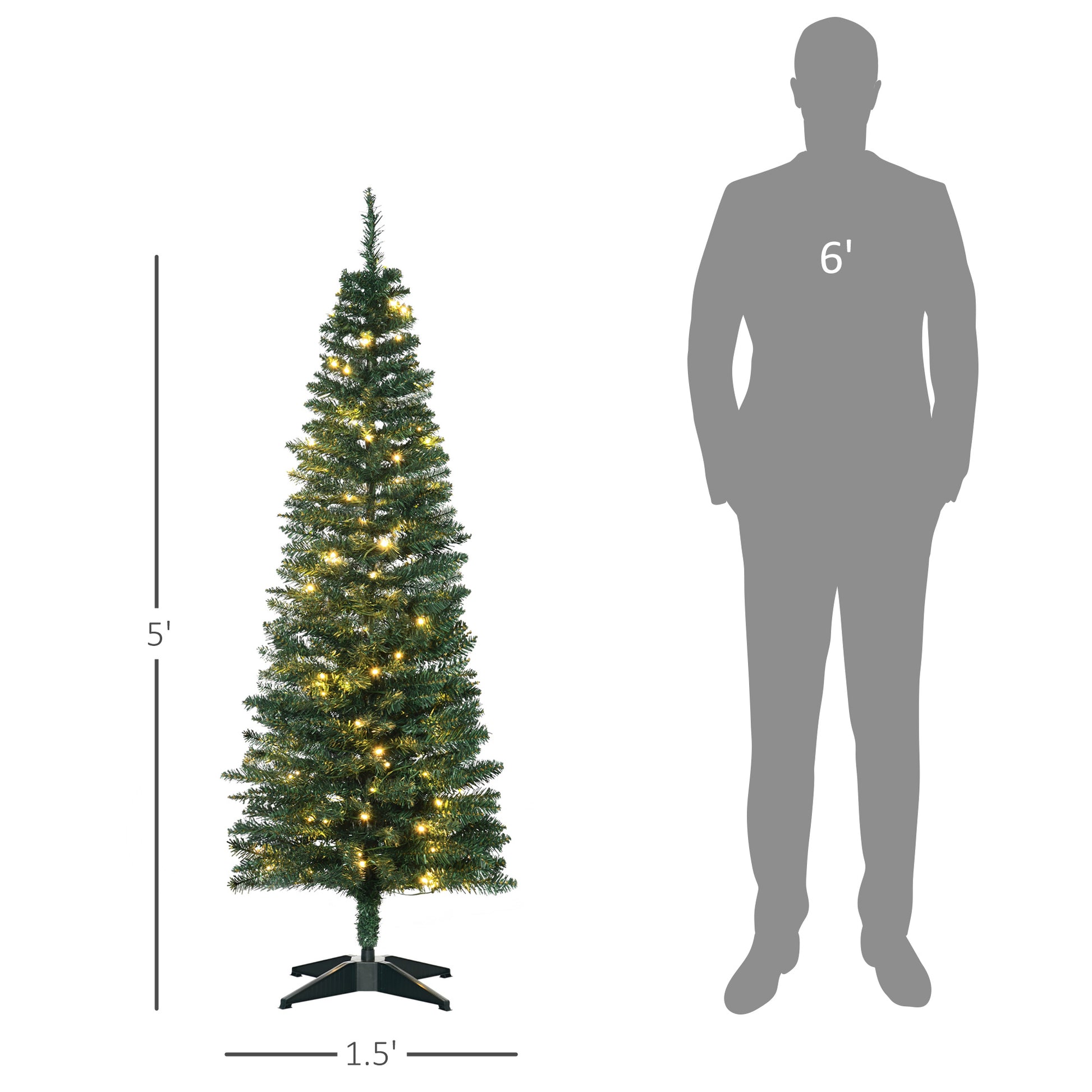 Homcom 5' Tall Pre Lit Slim Noble Fir Artificial Christmas Tree With Realistic Branches, 110 Warm White Led Lights And 294 Tips, Green Green Plastic