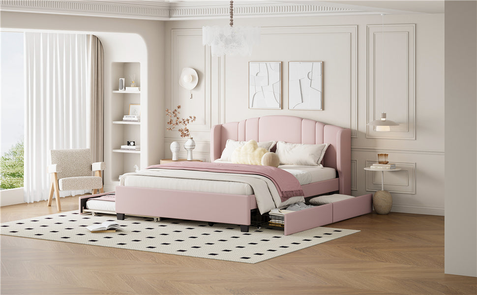 Upholstered Platform Bed With Wingback Headboard, One Twin Trundle And 2 Drawers, No Box Spring Needed, Linen Fabric, Queen Size, Pink Pink Linen
