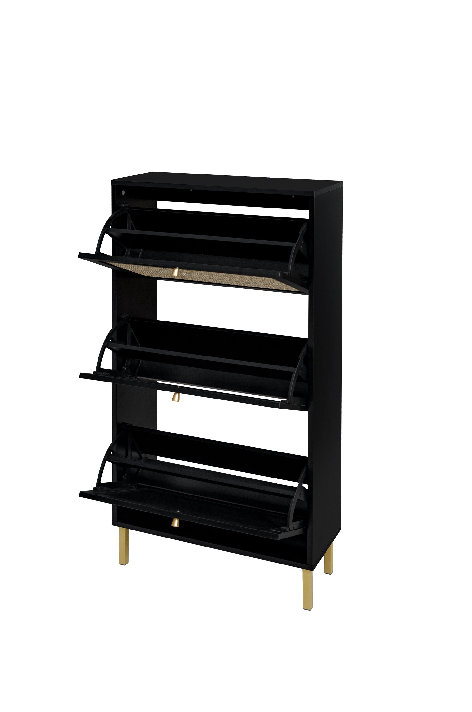 Rattan 3 Door Shoe Rack, Freestanding Modern Shoe Storage Cabinet, For Entryway Black Particle Board