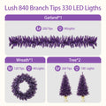 Pre Lit Christmas Artificial Tree 4 Piece Set, Garland, Wreath And Set Of 2 Entrance Trees, X Mas With Led Lights, Pvc Festival Celebration Set, Purple Purple Pvc