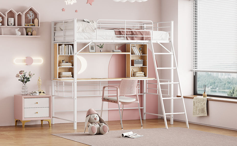 Twin Size Loft Bed With Desk And Shelfloft Bed With Ladder,Twin,White Twin White Metal