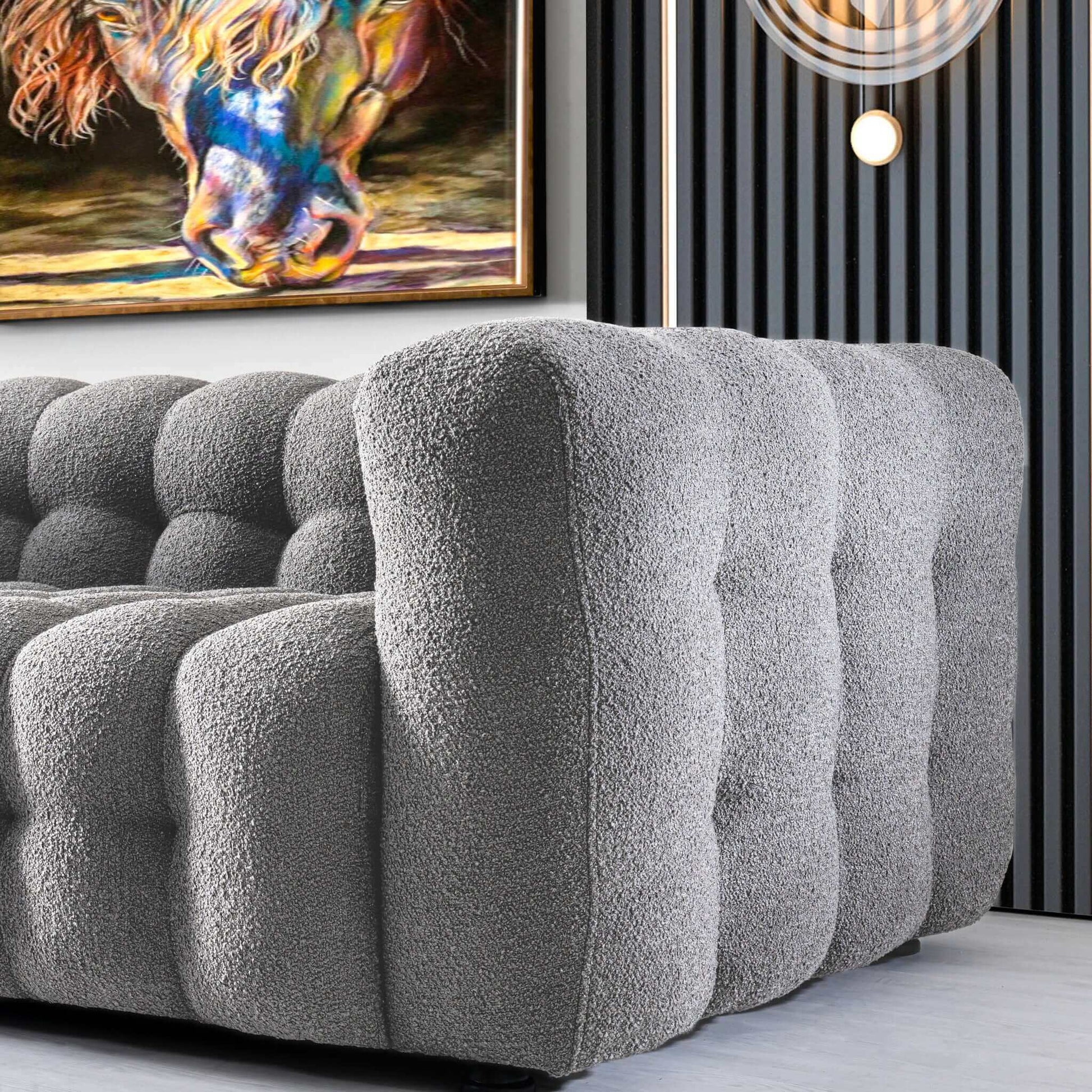 Eden Modern Tufted Chesterfield Boucle Fabric Sofa Gray Wood Primary Living Space Tufted Back Mid Century Modern Foam Boucle,Solid Wood 3 Seat