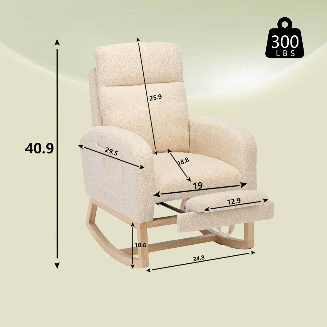 Modern Accent Rocking Chair Rocking Chair With Solid Wood Legs, Upholstered Nursery Glider Rocker, Comfy Armchair With Side Pocket, Living Room Lounge Arm Chair With High Backrest Teddy Beige Rubber Wood,Teddy