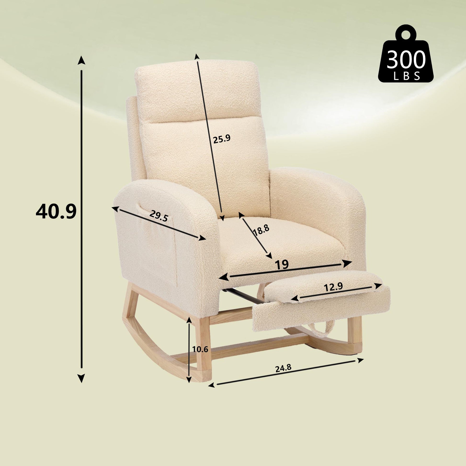 Modern Accent Rocking Chair Rocking Chair With Solid Wood Legs, Upholstered Nursery Glider Rocker, Comfy Armchair With Side Pocket, Living Room Lounge Arm Chair With High Backrest Teddy Beige