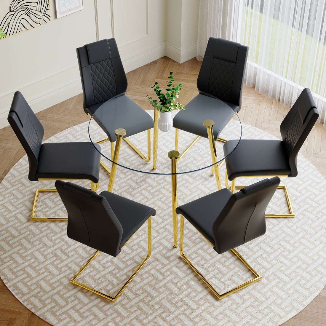 A Modern Minimalist Style Round Transparent Tempered Glass Table With Gold Metal Legs, Paired With 6 Modern Pu Leather High Back Dining Chairs ,Bring A Luxurious Experience. Black Seats 6 Glass Metal