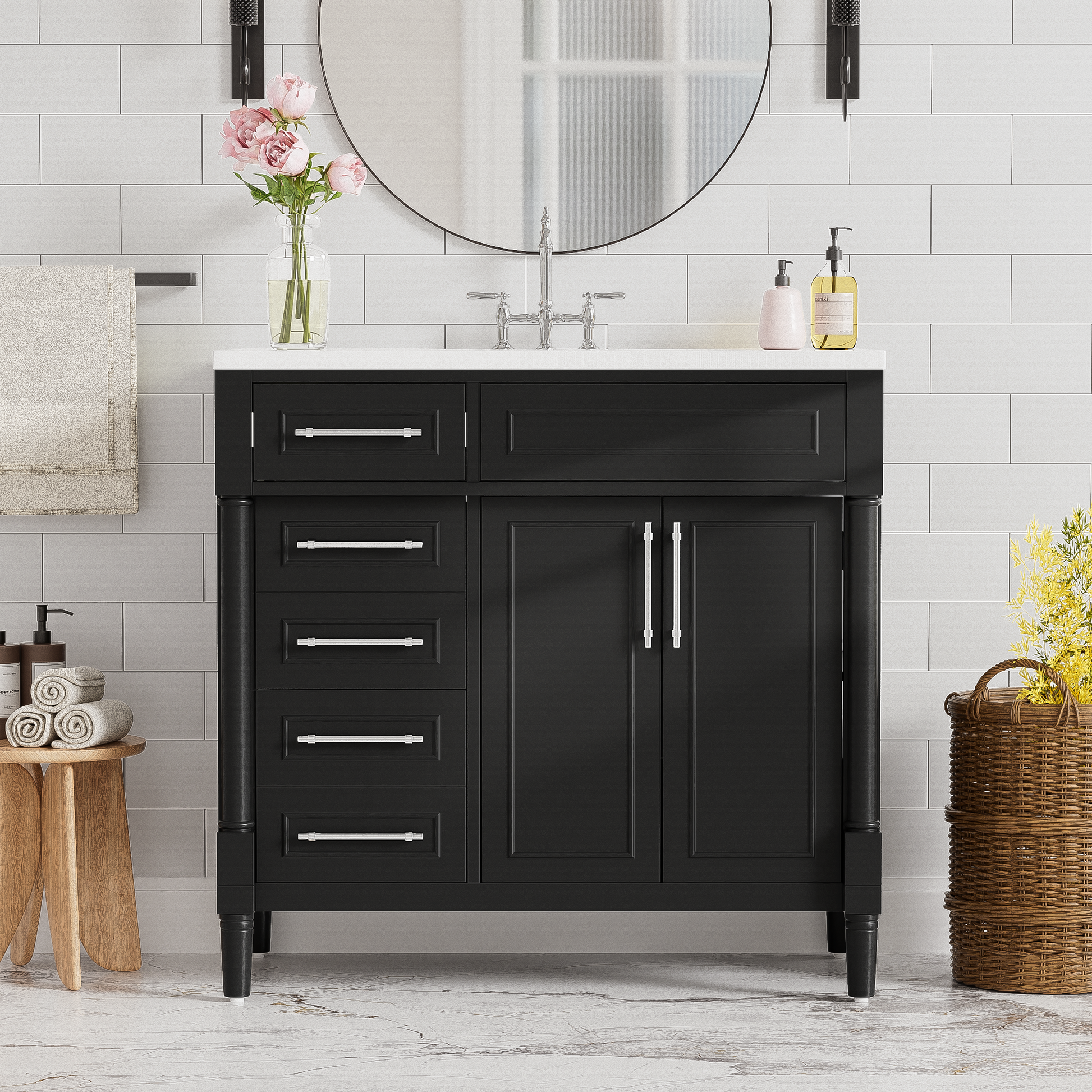36'' Bathroom Vanity With Top Resin Sink, Freestanding Bathroom Storage Cabinet With 2 Drawers And A Tip Out Drawer, Solid Wood Frame Vanity Set, Height Adjustable Shelf Black Bathroom Solid Wood