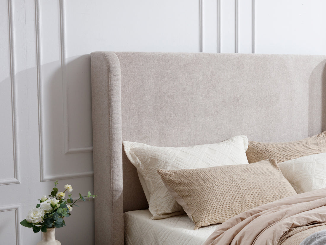 Harper Tall Headboard Upholstered Bed 54" High Headboard Elegant Simplicity No Box Spring Needed Easy Assembly King Light Brown Chenille Box Spring Not Required King Light Brown Metal Brown Bedroom