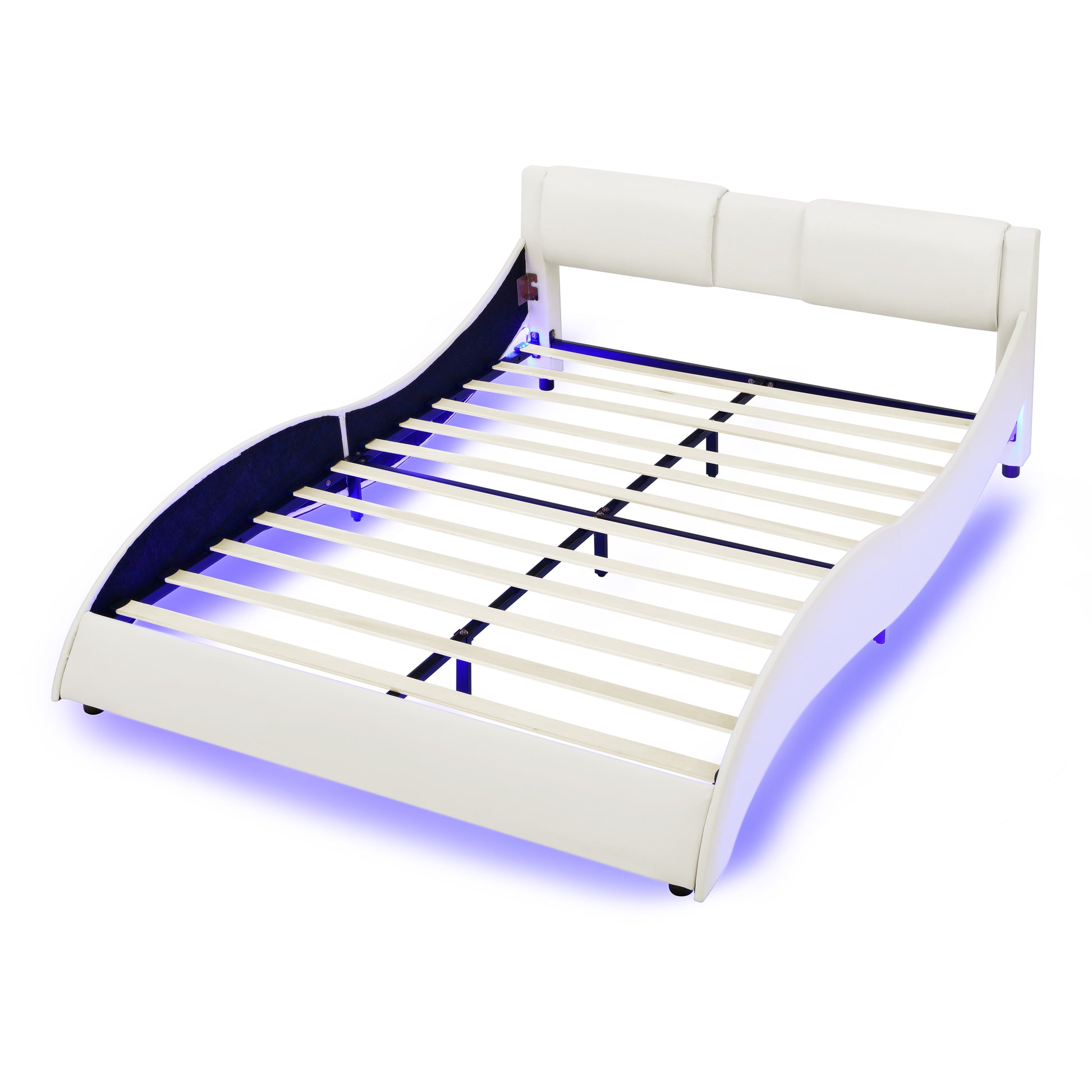 Queen Led Bed Frame Modern Faux Leather Upholstered Platform Bed Frame With Rgb Led Lights And Headboard Wave Like Curve Low Profile Bed Frame,Wood Slats Support,Easy Assembly, White Queen White Pu