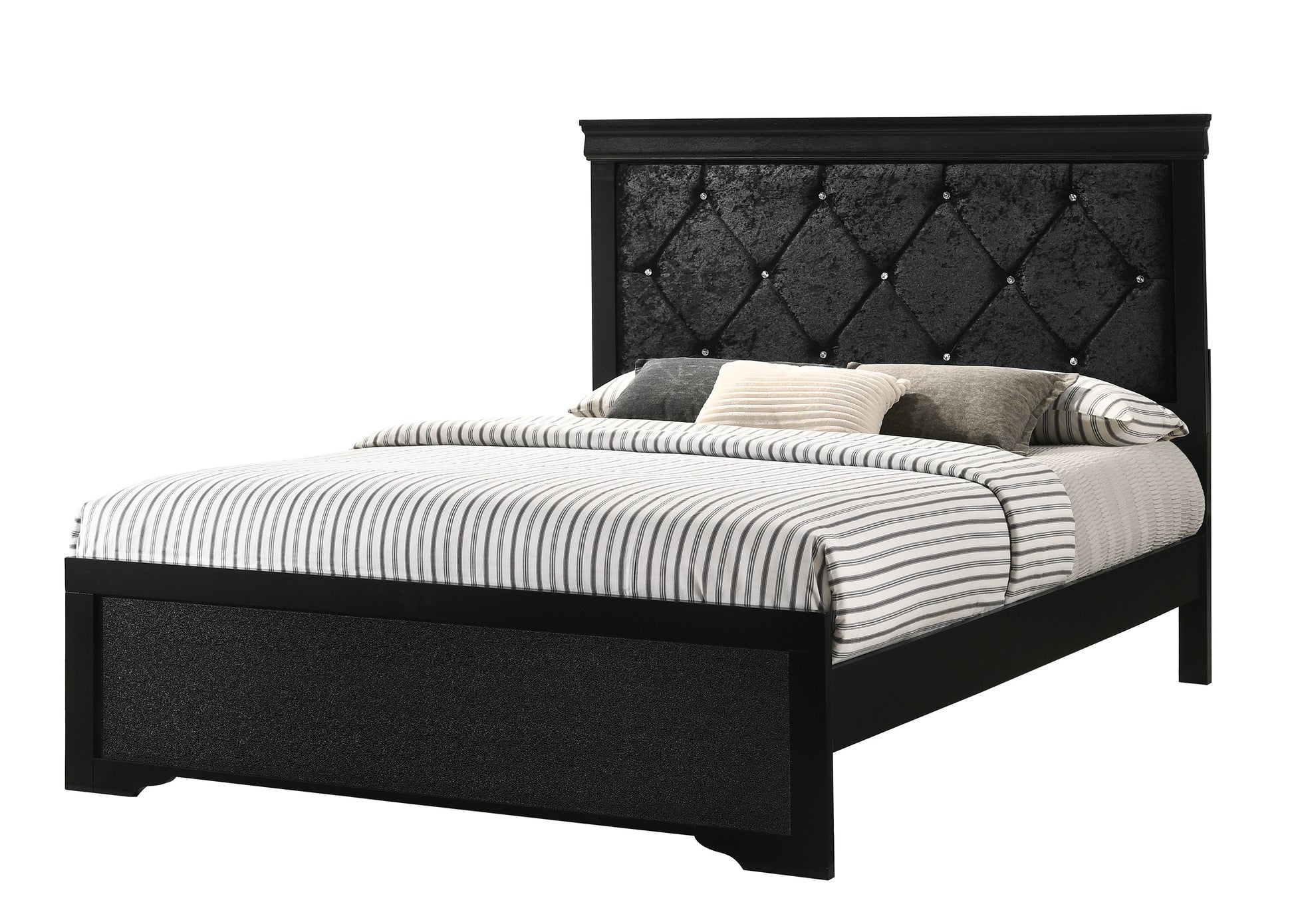 Modern 1Pc Black Finish King Size Panel Bed Wooden Fabric Upholstered Headboard Crystal Like Button Tufted Fabric Bedroom Furniture Box Spring Required King Black Wood Panel Solid Wood