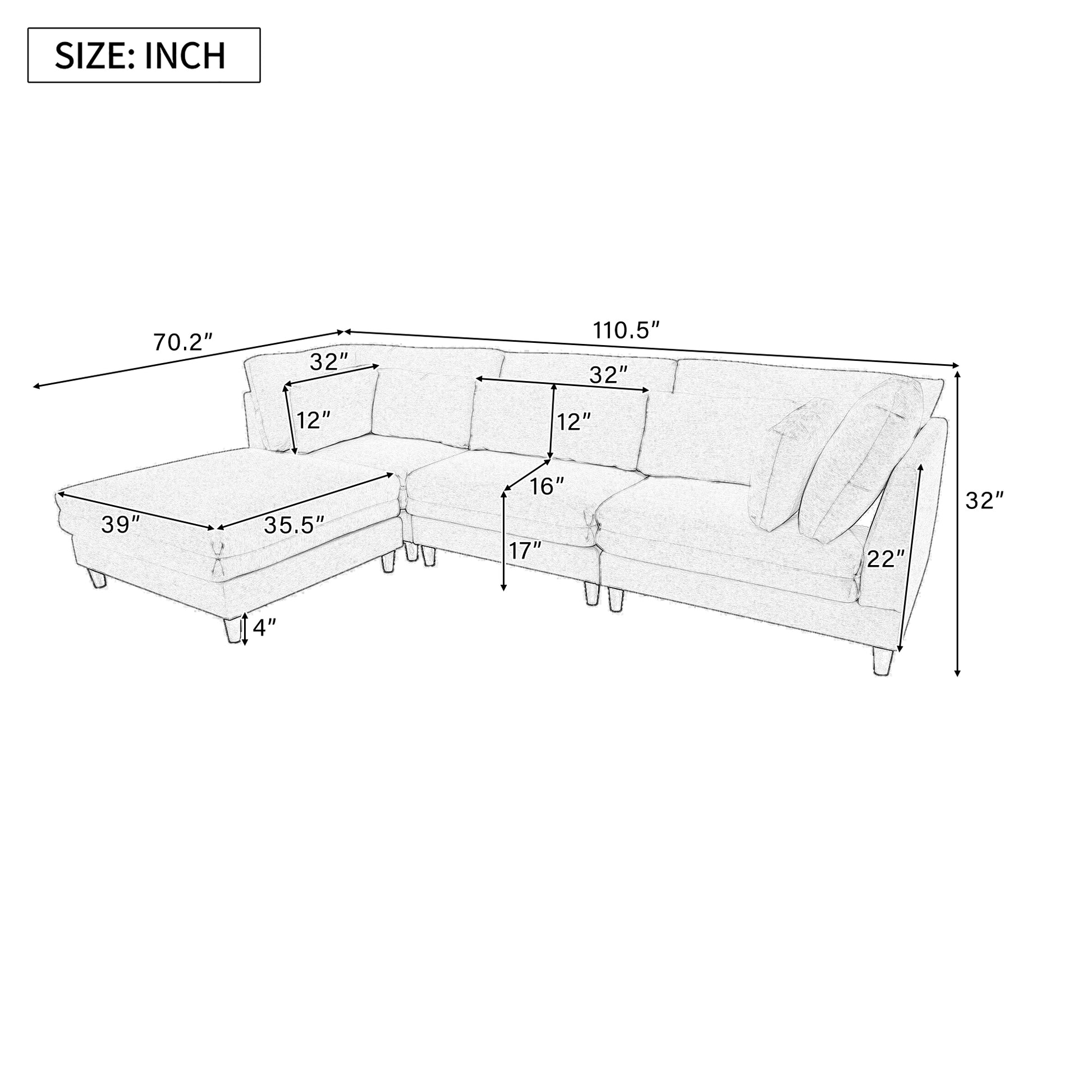 Modern Modular Sectional Sofa With Movable Ottoman, 110 Inch 4 Seat Sofa Set With 5 Pillows, Unique Piping Stitch Design, Convertible L Shaped Sofa For Living Room, Office & Spacious Rooms Beige