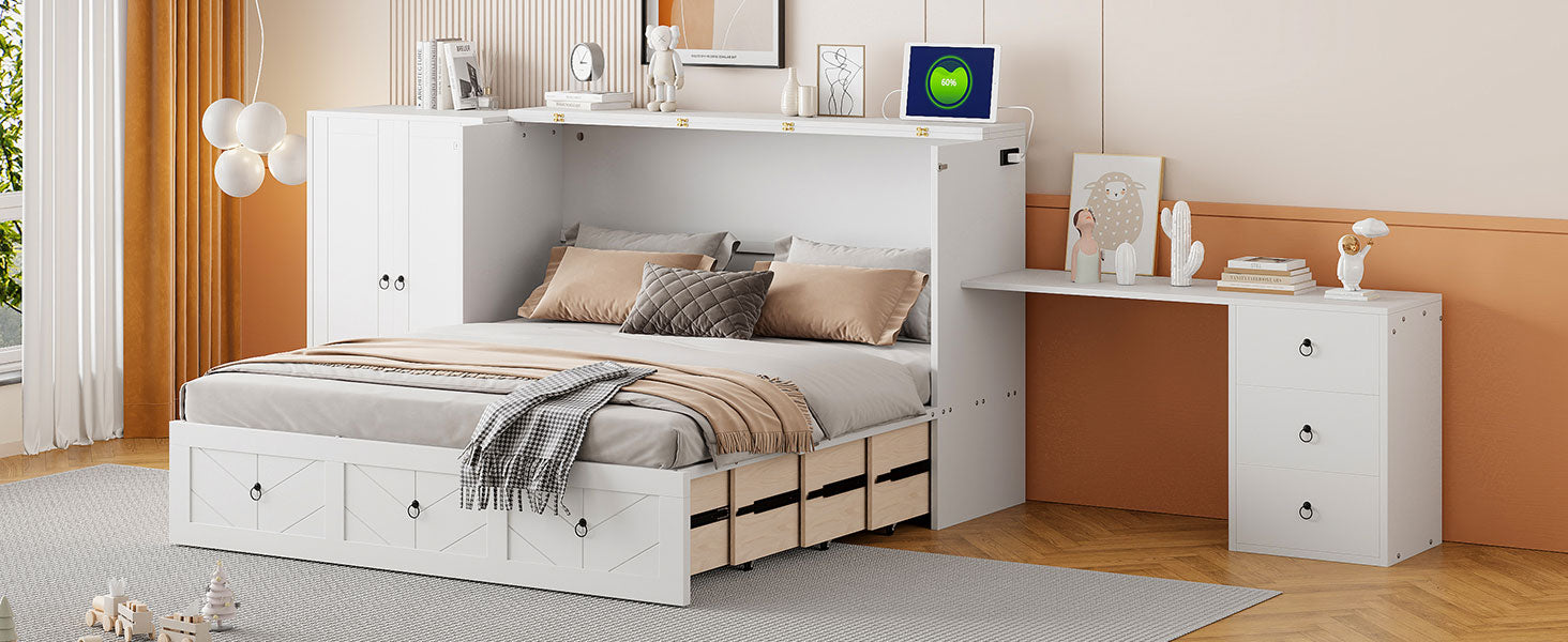 Queen Size Murphy Bed With Usb Port, Large Drawer, And Wardrobe Desk Combo Versatile White Cabinet Bed Queen White Solid Wood Mdf