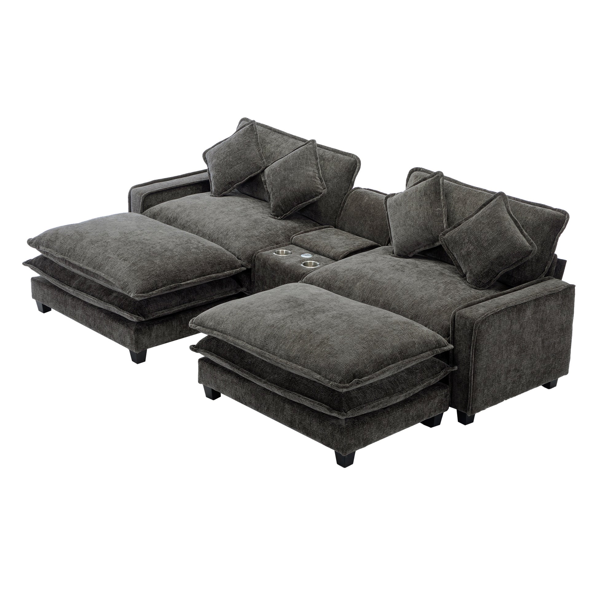 112.6" Sectional Sofa Chenille Upholstered Sofa With Two Removable Ottoman, Two Usb Ports, Two Cup Holders And Large Storage Box For Living Room, Black Black Foam Chenille 2 Seat