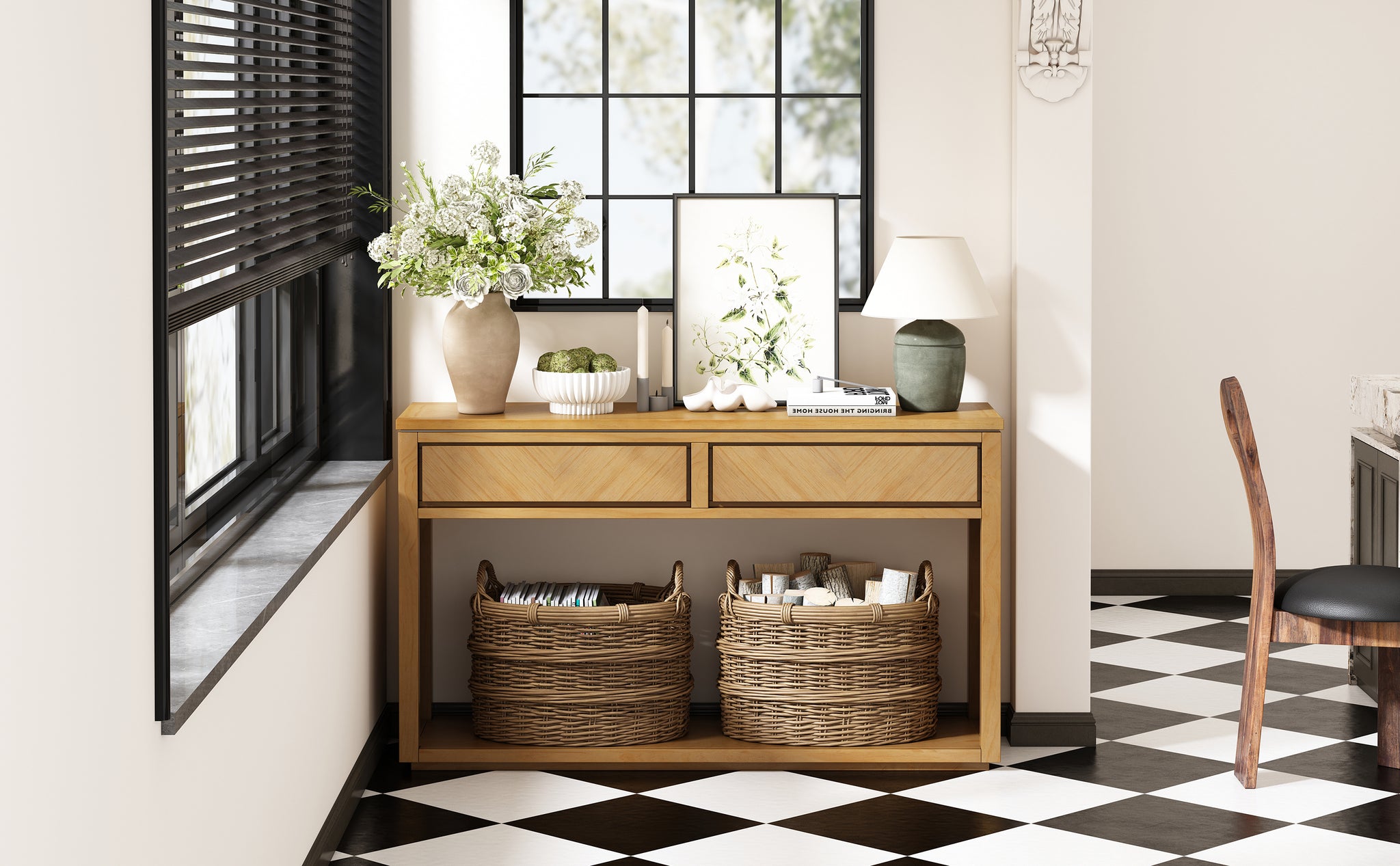 55" Console Table, Rustic Wooden Entryway Table With Storage Drawers And Open Shelf, Elegant Sofa Table For Hallway And Living Room Natural Natural Primary Living Space Mdf