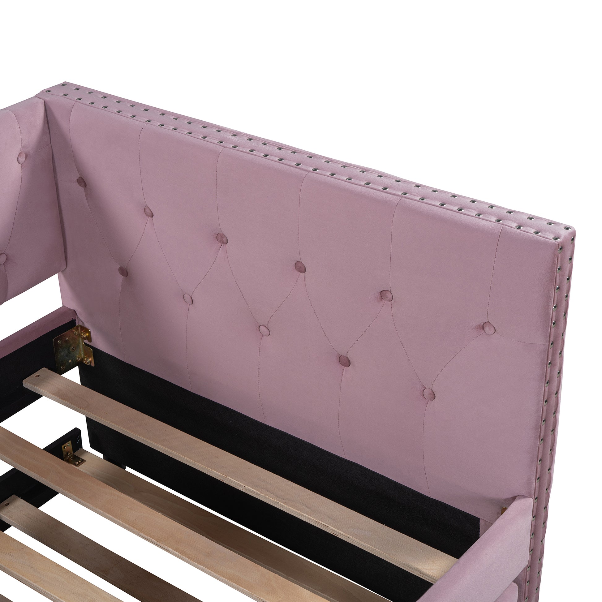 Twin Size Tufted Upholstered Daybed With Trundle, Velvet Sofabed With Rivet Design, No Box Spring Needed,Pink Twin Pink Velvet