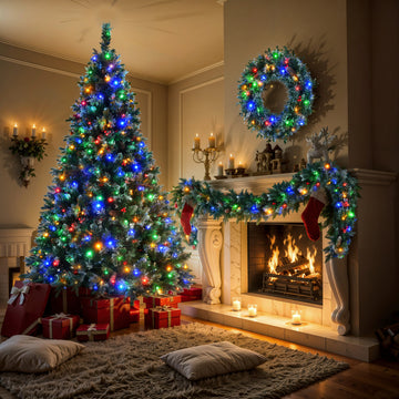 6Ft Dark Green Pine Christmas Tree, Pre Lit Set With Tree & Garland & Wreath, Hinged Artificial Xmas Tree With White Tips, Red Berries And Pine Cones, 11 Colorful Modes, Indoor Holiday Decoration Green Pvc