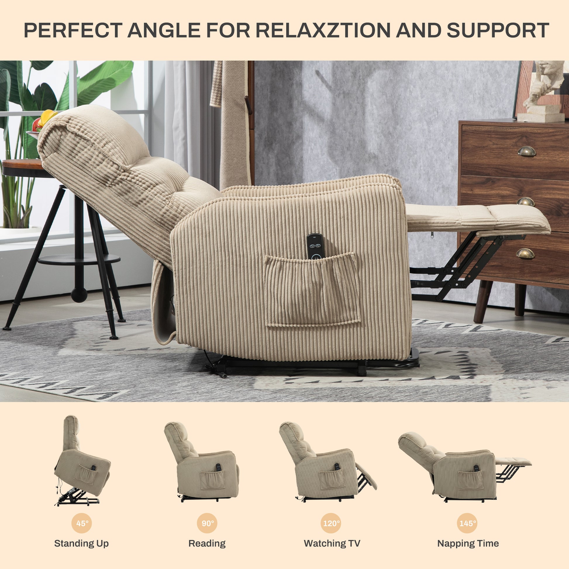 Coolmore Recliner Chair, Electric Recliner Chairs For Adults, Side Pocket Power Reclining Chair Pocket Springs Seat Cushion, Corduroy Fabric Recliner Sofa For Living Room, Bedroom, Home Theater Camel Camel Foam Corduroy