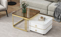 2 In 1 Square Nesting Coffee Table With Wheels & Drawers, Stackable Side Table With High Gloss Marble Grain Top, End Table Set With Brown Tempered Glass For Living Room, White White Gold Primary Living Space Drawers Square Mdf Steel