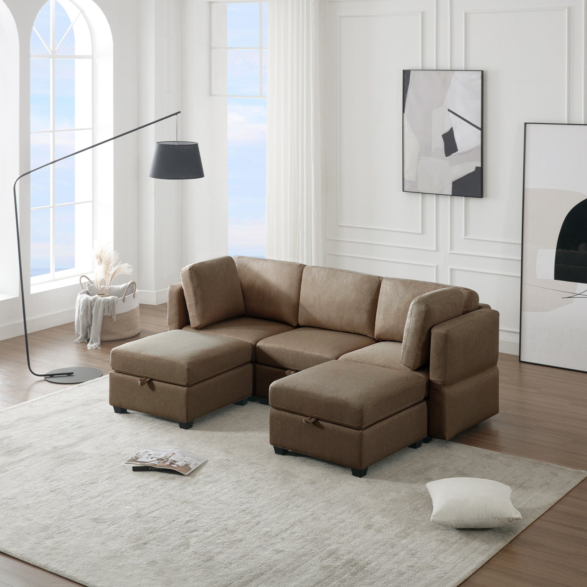 Reversible Sectional Sofa Modern Modular Sectional Couch With Chaise U Shaped Corner Sectional 5 Seater Modular Sofa With Storage Seats, Adjustable Arms And Backs Brown Brown Polyester 3 Seat