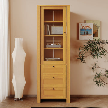 Rattan Door Bookshelf Display Case With Drawer Finish Open Storage Shelves Bookcase Oak Mdf