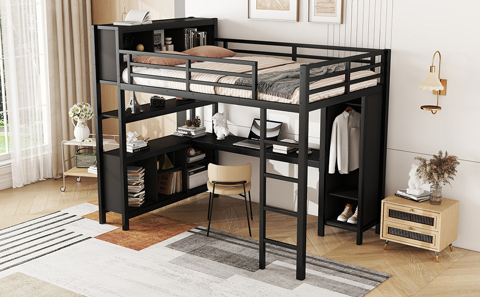 Metal Loft Bed With Wardrobe And L Shaped Desk, Full Size Loft Bed With Storage Cubes And Shelves, Heavy Duty Loft Bed For Kids Teens Adults, Black Full Black Metal