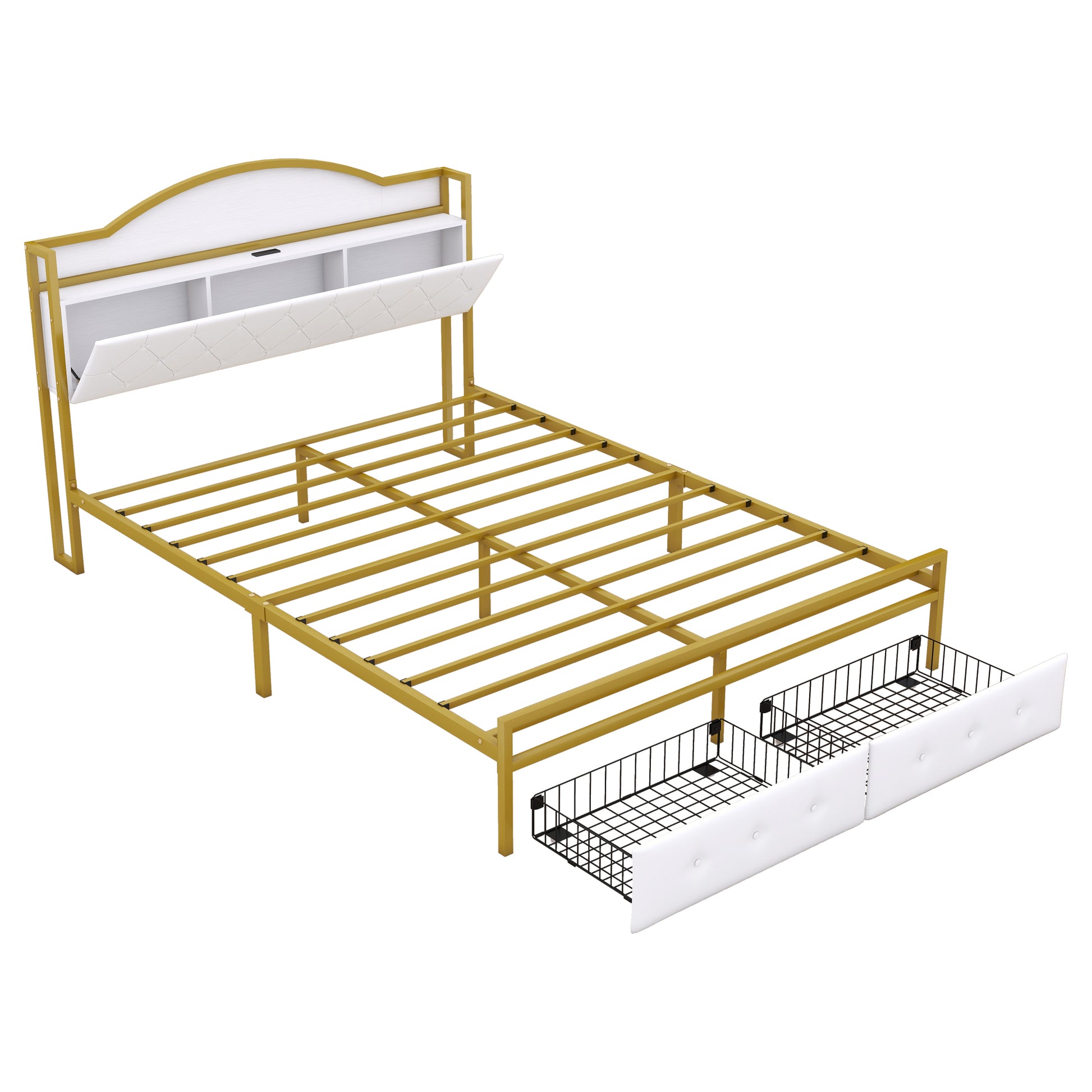 Metal Platform Bed With 2 Drawers, Storage Headboard, Queen, Gold Queen Gold White Fabric Metal