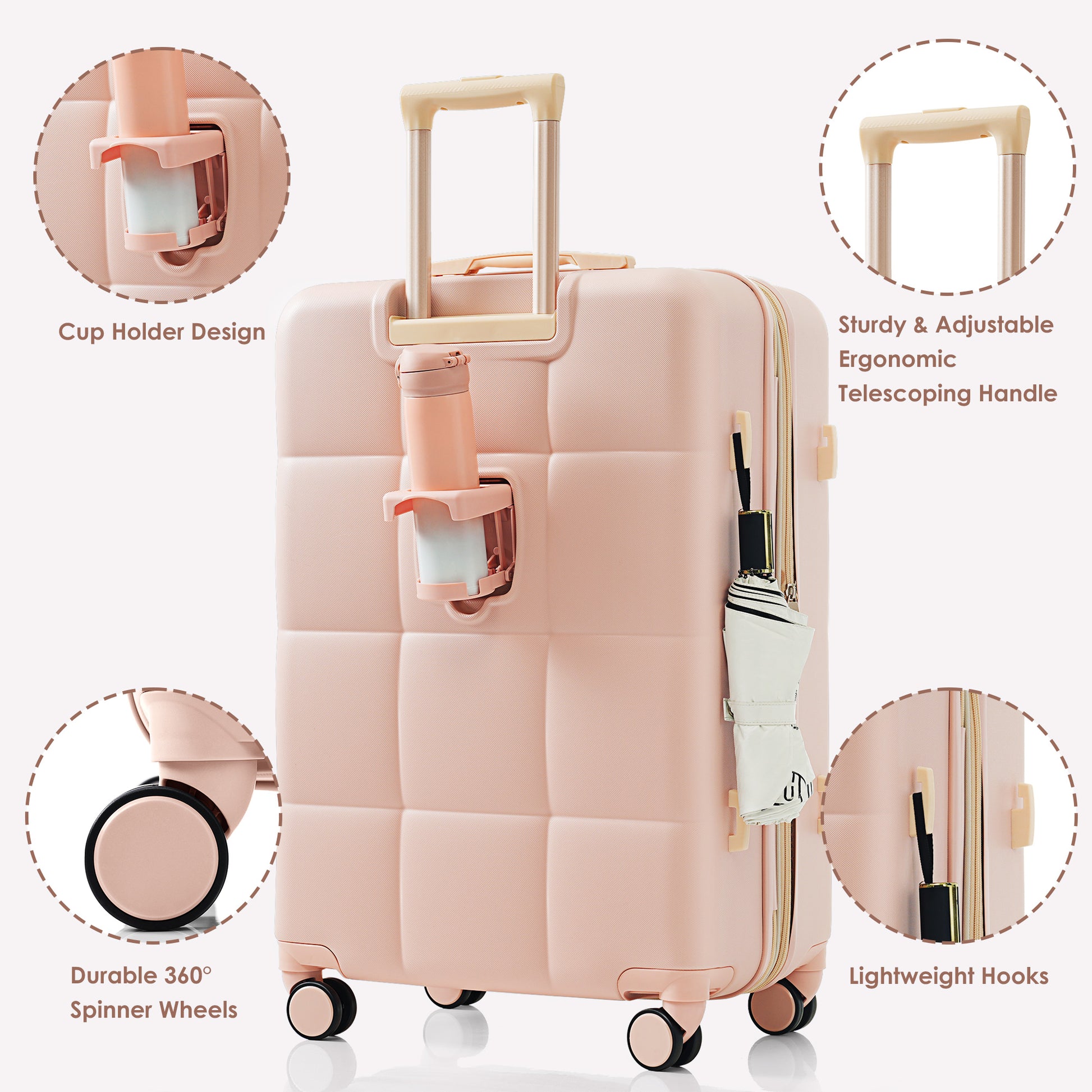 Luggage Sets 4 Piece, 20 Inch With Usb Port, Expandable Abs Durable Suitcase With Travel Bag, Cup Holder, Abs Hard Shell Luggage With Spinner Wheels, Pink Pink Abs