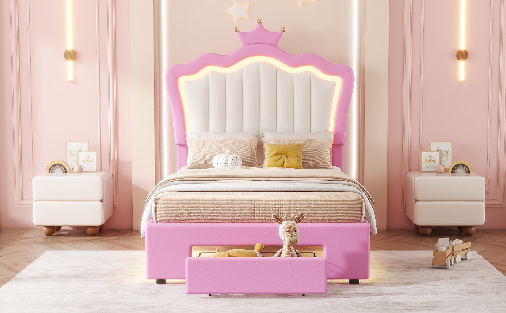 Twin Size Upholstered Bed Frame With Led Lights, Modern Upholstered Princess Bed With Crown Headboard, A Drawer, Pink White Box Spring Not Required Twin Pink White Wood Bedroom Modern Bed Frame Pu