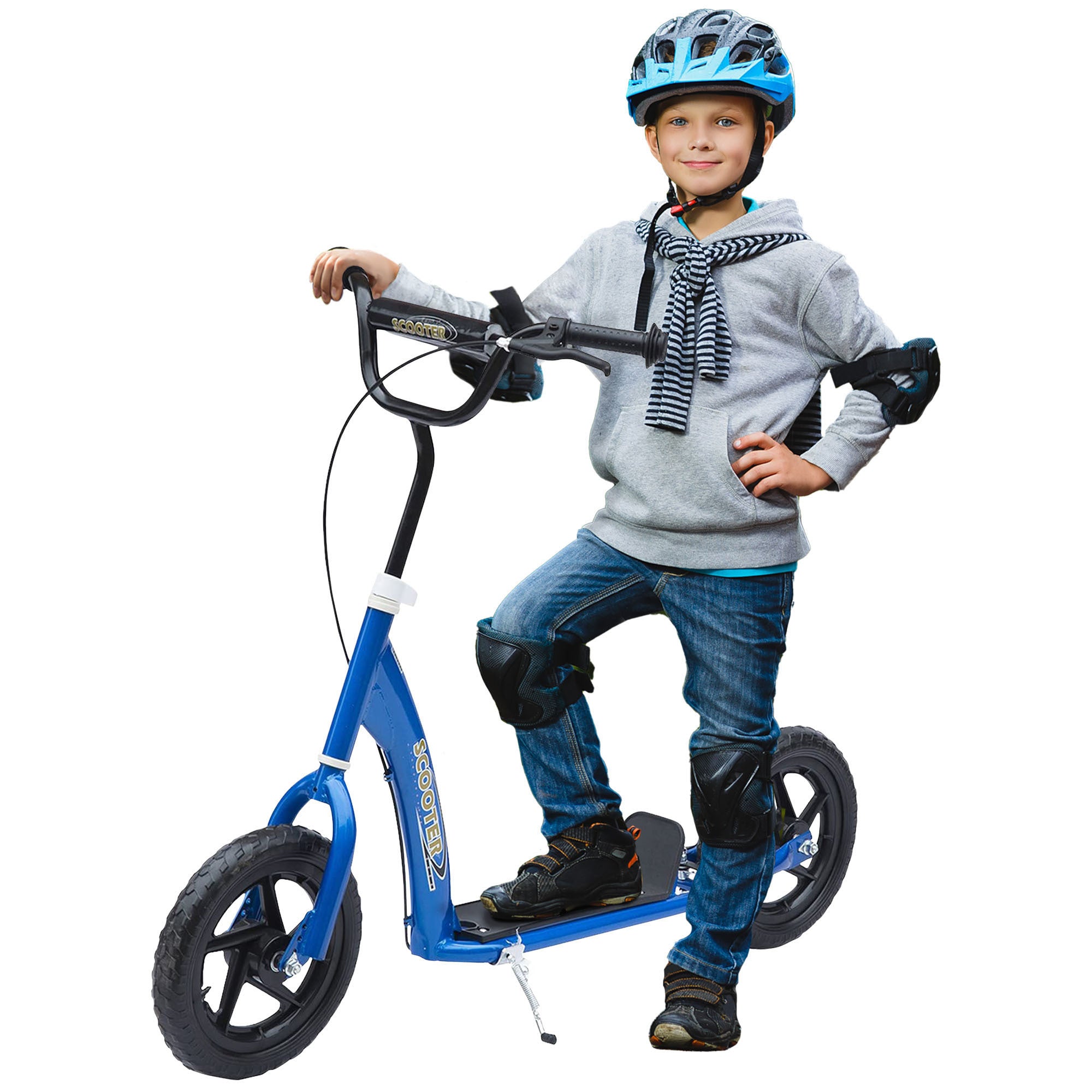 Homcom Kick Scooter For Kids 5 12 Years Old, Big Wheel Kids Scooter With Adjustable Height Handlebar, Non Slip Footplate, Rear Brake, Blue Blue Steel