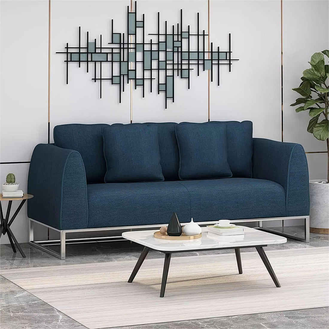 Modern And Chic 82.75" Navy Blue Fabric 2 Seater Sofa With Silver Legs And Soft Upholstery, Extra Deep Seats, For Small Space, Living Room, Office Apartment Navy Blue, Fabric Navy Blue Wood Primary Living Space Medium Soft Cushion Back Light Duty Art