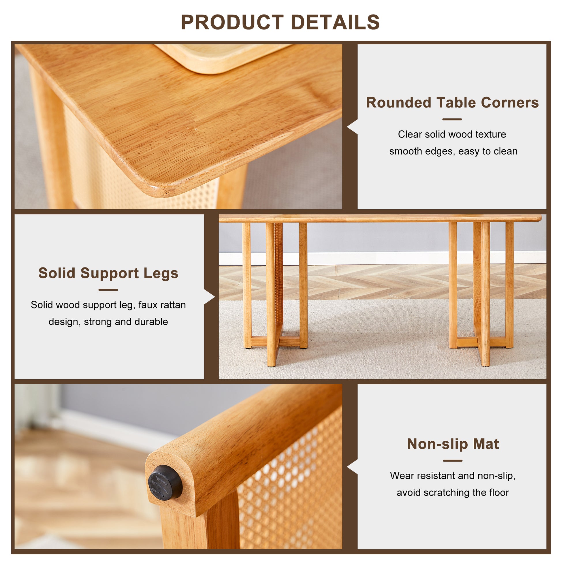 Table And Chair Set, Ancient Style Solid Wood Dining Table, Imitation Rattan Table Legs, Beautiful Simple Solid Wood Dining Chair, Perfect For Dinner, Meetings, Home And Office Decoration Wood Rubber Wood