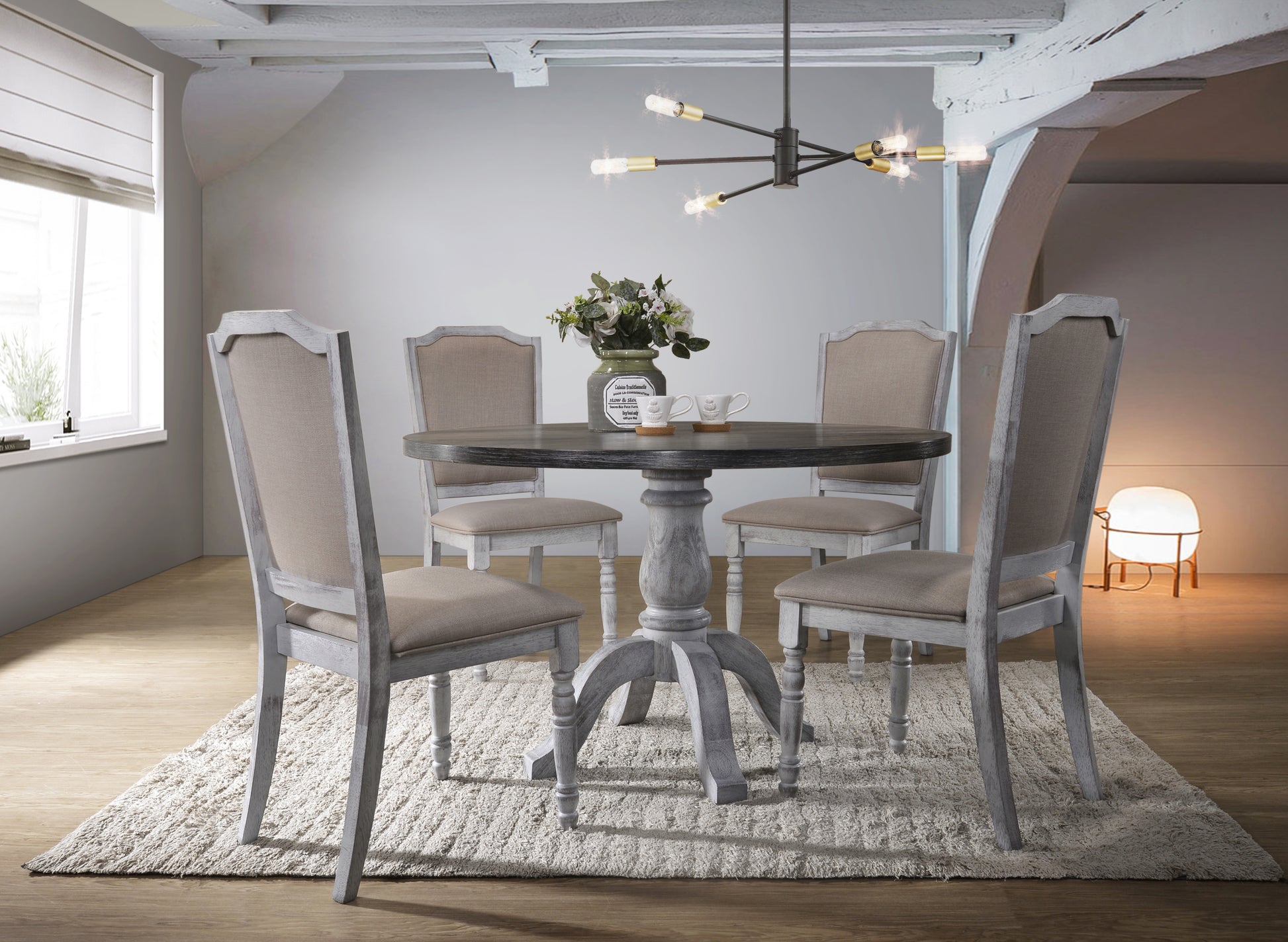 Iris Weathered White Wood 5 Piece Dining Set White Wood Dining Room Fixed Table Rubberwood Round Dining Table With Chair Upholstered Chair Wood Multicolor Seats 4 Farmhouse Pedestal Rubberwood Rubber Wood