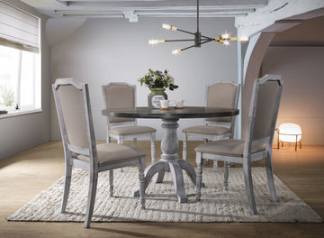 Iris Weathered White Wood 5 Piece Dining Set White Wood Dining Room Fixed Table Rubberwood Round Dining Table With Chair Upholstered Chair Wood Multicolor Seats 4 Farmhouse Pedestal Rubberwood Rubber Wood