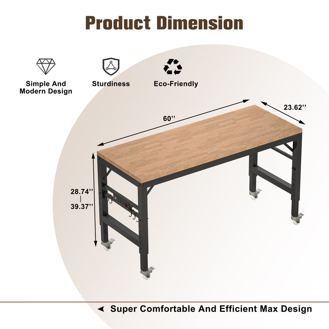 60" Adjustable Workbench For Garage, Rubber Wood Heavy Duty Workstation With Power Outlets & Wheels, 2000 Lbs Load Capacity Hardwood Worktable For Workshop, Garage, Office, Home, Commercial Black Metal & Wood