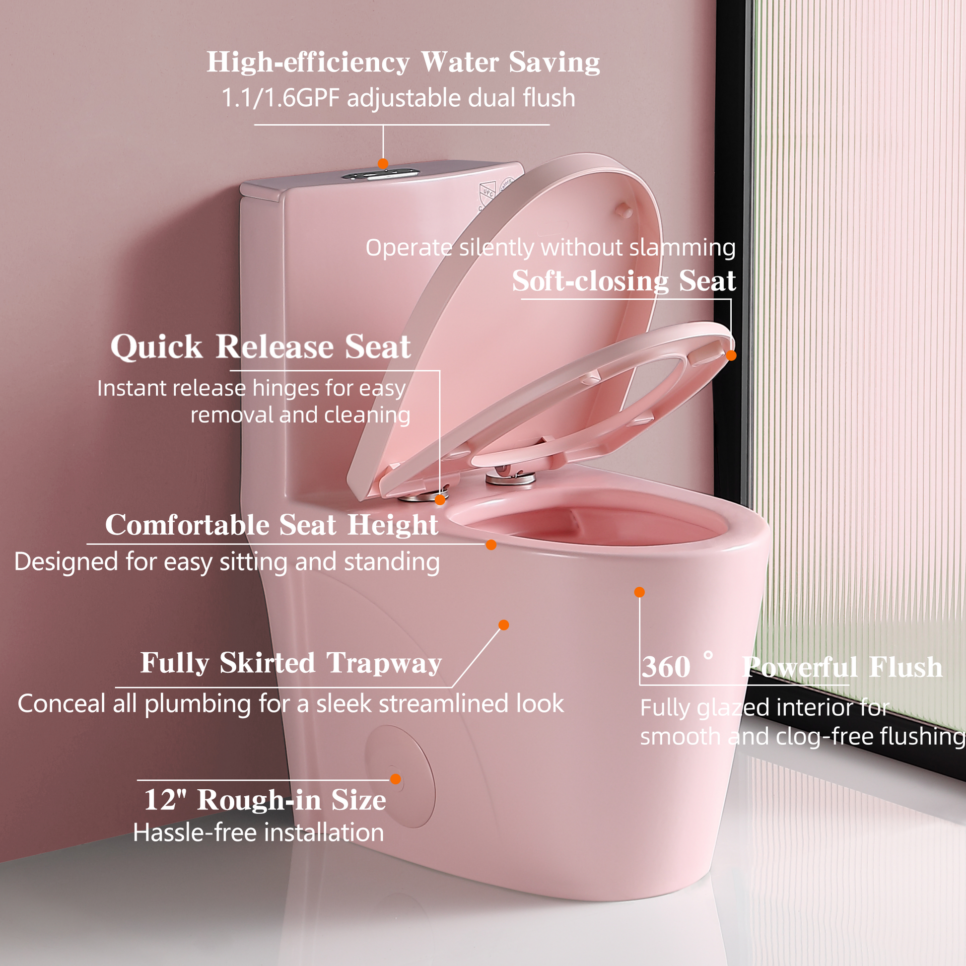 1.1 1.60 Gpf Dual Flush One Piece Toilet, Water Saving Elongated Comfort Height Floor Mounted, Soft Close 1000 Gram Map Flushing Score Toilet, Rose 23T01 Rs Rose Pink Ceramic