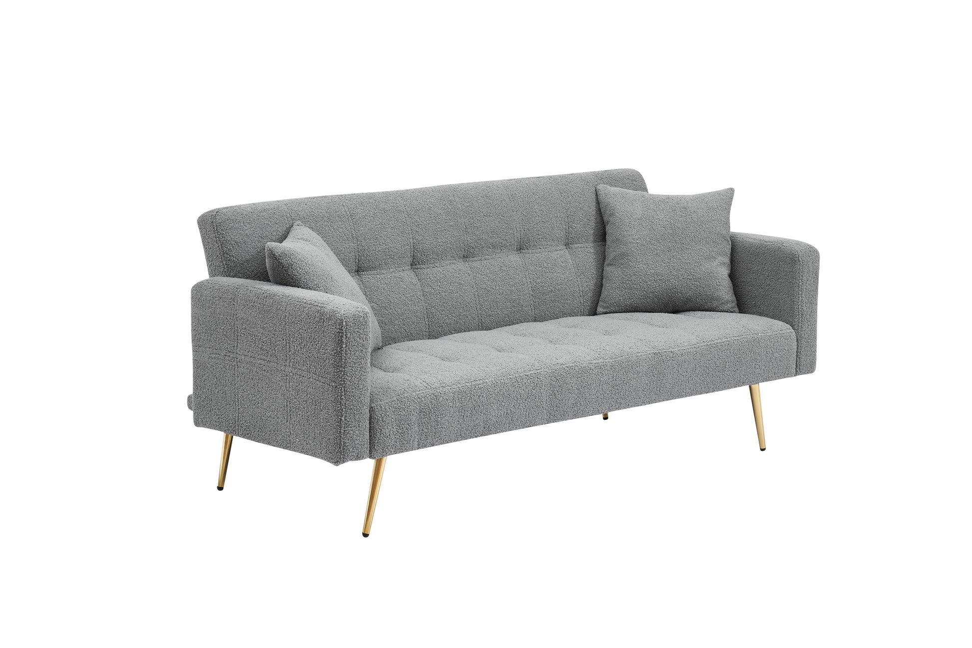 71.7 Inch Grey Teddy Fleece Sofa Bedbring Two Throw Pillows Grey Fabric 2 Seat