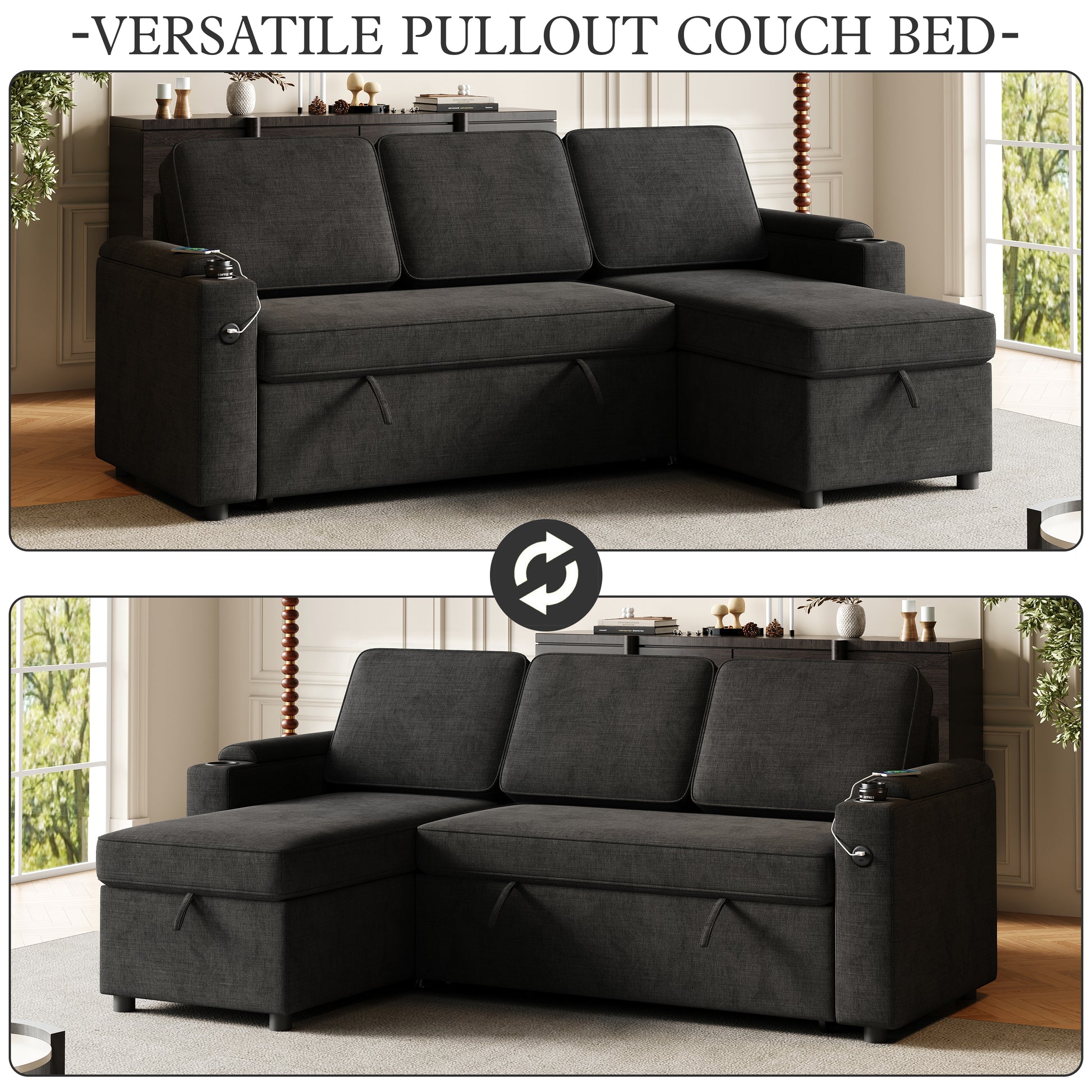 Mh85.8" Sleeper Sofa, Sofa Bed 2 In 1 Pull Out Sofa Bed With Storage Sofa, Sofa Sleeper With Pull Out Bed With Charging Port Black Polyester Primary Living Space Eucalyptus Polyester Fabric 3 Seat