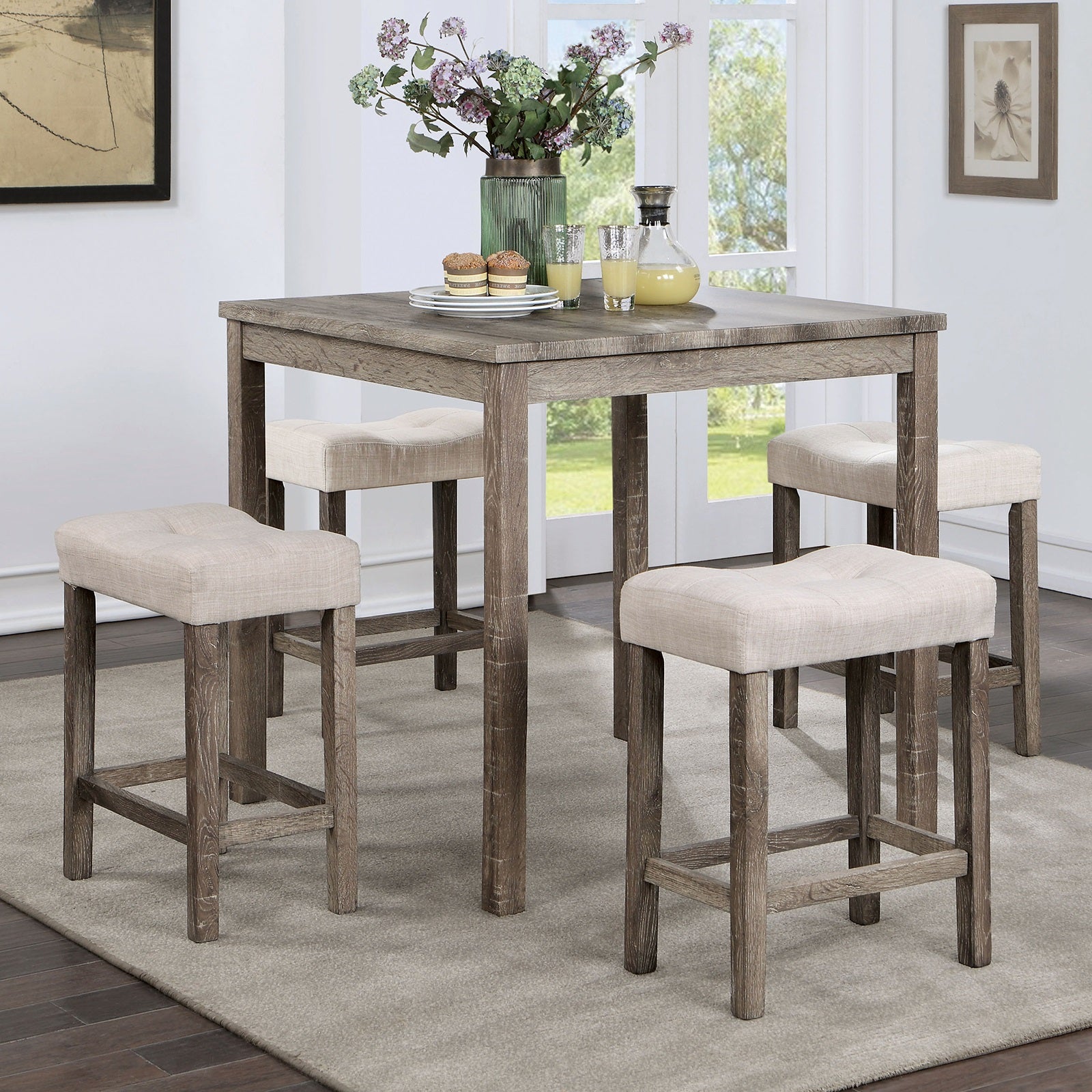 Transitional 5Pc Counter Height Dining Set Gray Counter Ht. Table And 4X Stools Linen Like Beige Cushion Seat Dining Room Wood Dining Room Solid Wood Square Dining Table With Chair Wood Wood Beige,Gray Slat Back Seats 4 36 Inches