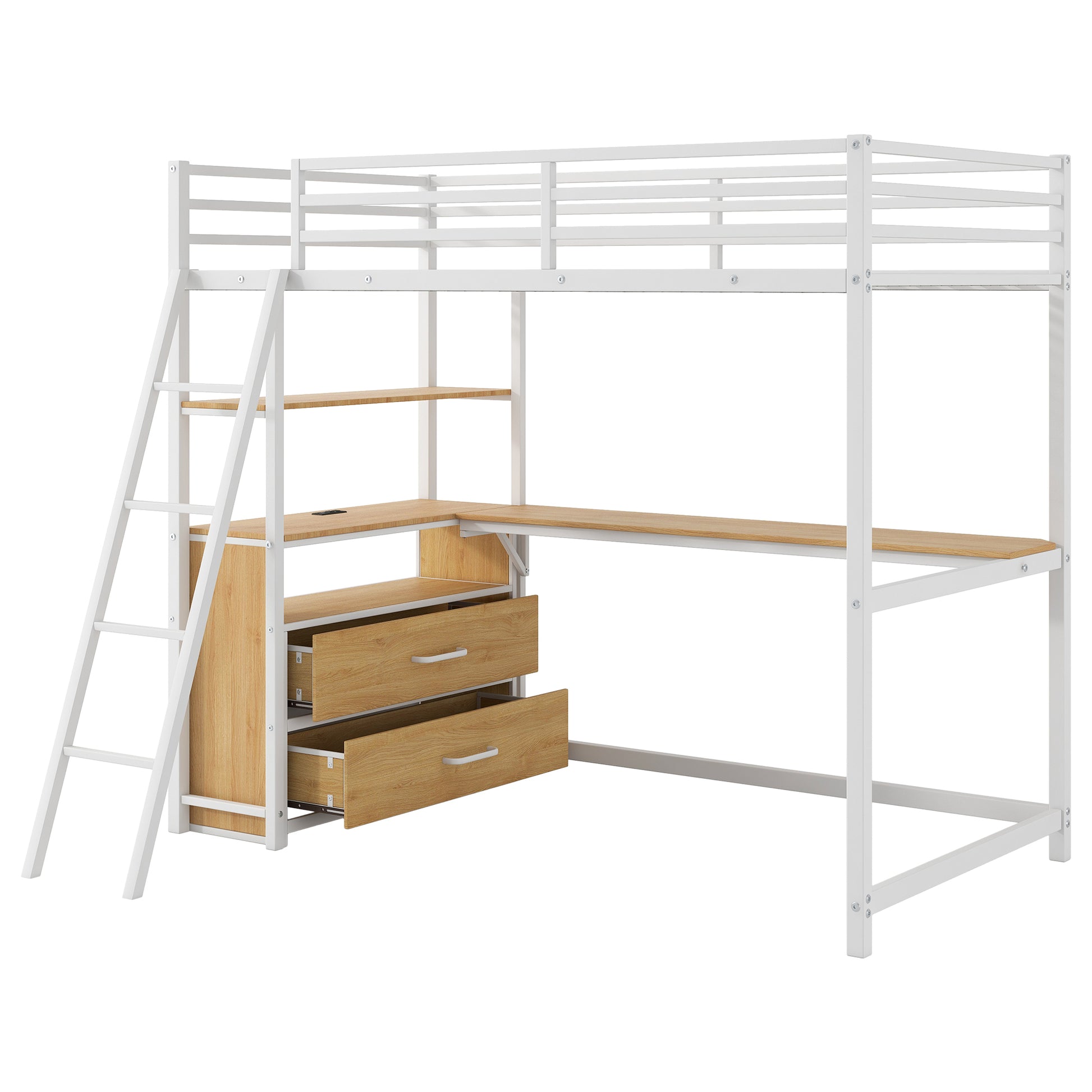 Twin Size Metal&Wood Loft Bed With Desk And Shelves, Two Built In Drawers, Led Light And Usb Charging Station, White Twin Oak Natural Wood Antique White Metal & Wood