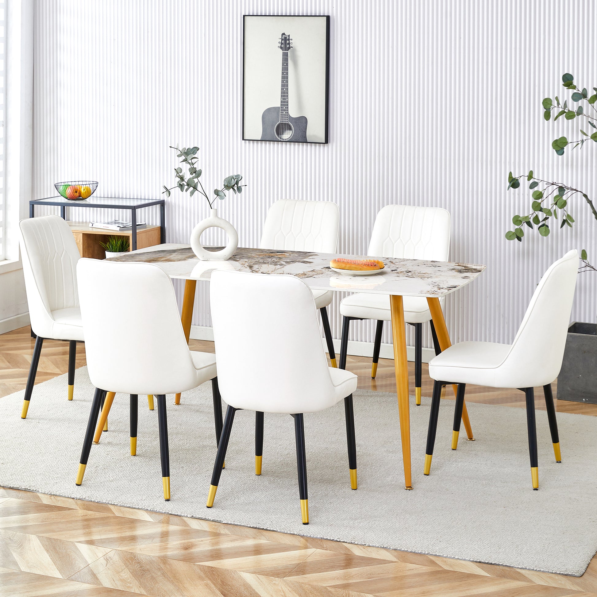 Table And Chair Set.Modern Minimalist Dining Table. White Imitation Marble Pattern Sintered Stone Desktop With Golden Metal Legs.Paried With 6 Comfortable Chairs With Pu Seats And Black Metal Legs.
