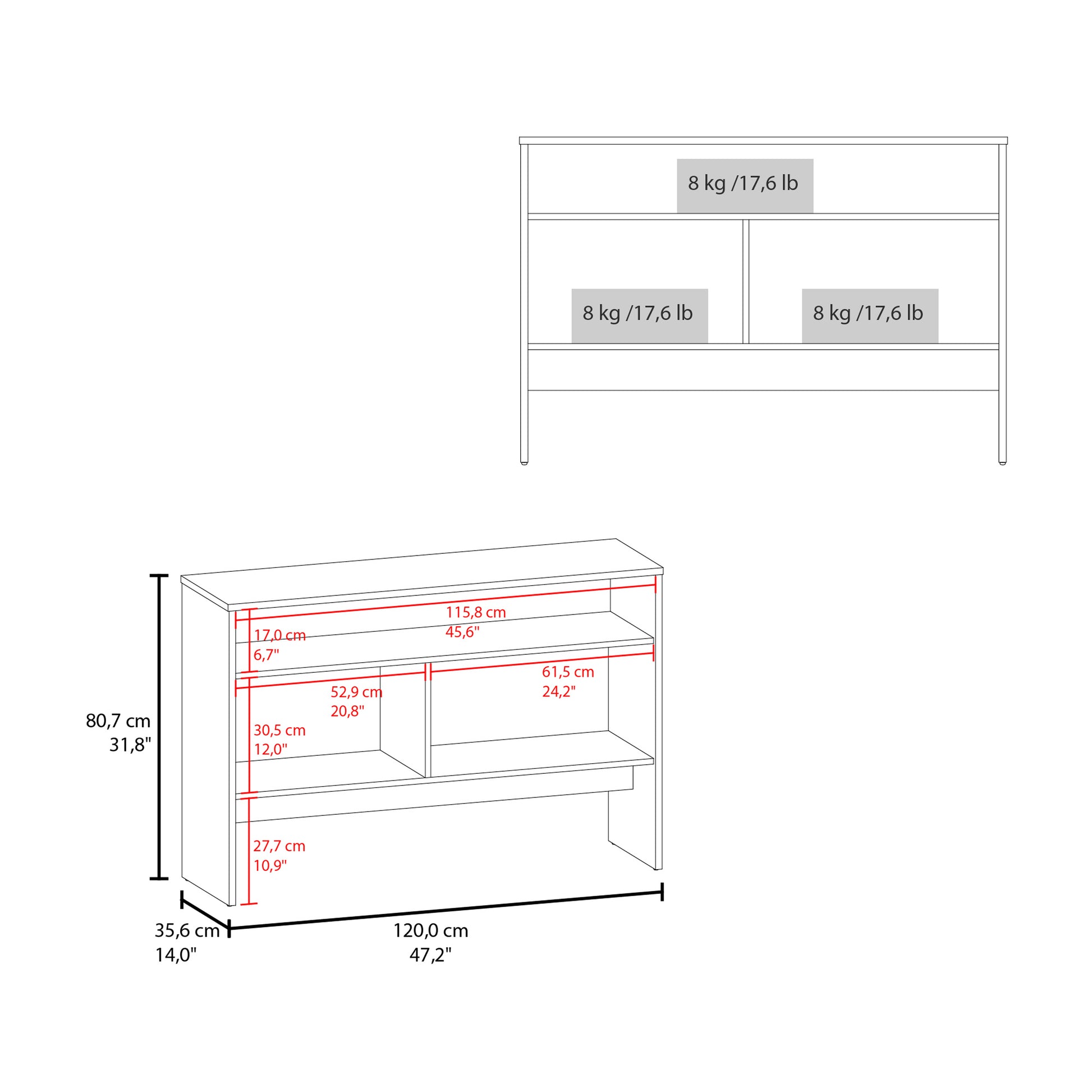 Bellagio 48.7" Wide 2 Tier Narrow Bellagio Console Table With Double Door Cabinet White Modern Particle Board