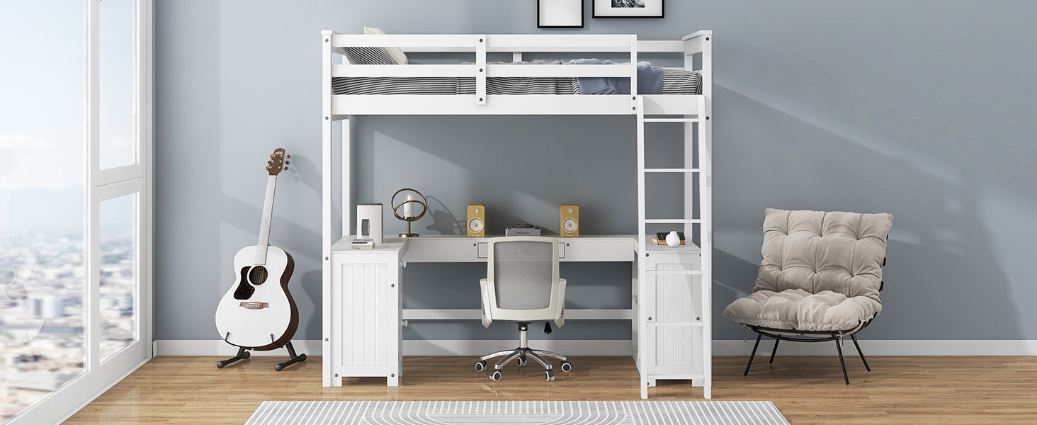 Twin Size Loft Bed With U Shaped Desk, Drawers And Storage Shelves, White Box Spring Not Required Twin White Wood Bedroom Solid Wood Mdf