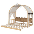 Twin Size Extended Bed With Arched Roof And Trundle, Natural Twin Natural Plywood