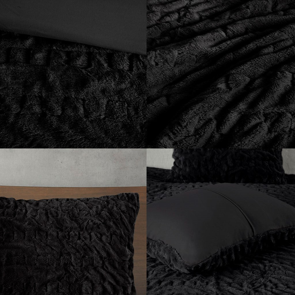 Ruched Fur Down Alternative Comforter Set Queen Black Polyester