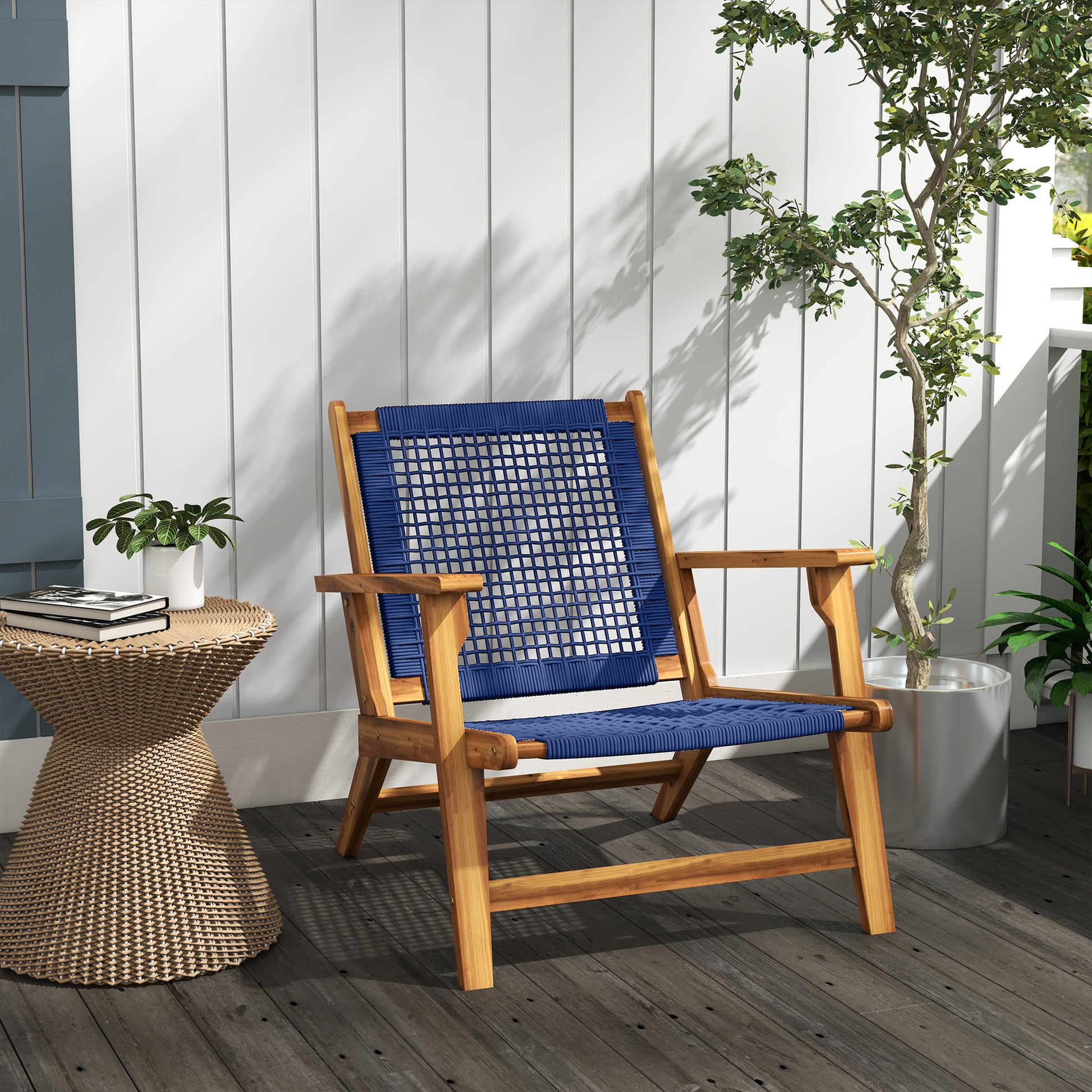 Outsunny Patio Acacia Wood Adirondack Chair, Modern Wood Fire Pit Chair With Pp Rope Weave, Coconino Lounge Chair With High Backrest Support, Dark Blue Blue Wood